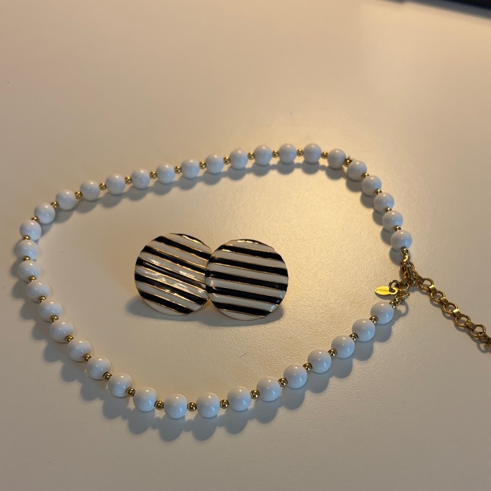 Joan Rivers Vintage Earrings & Elegant MONET Gold and White FauxBeaded Necklace.